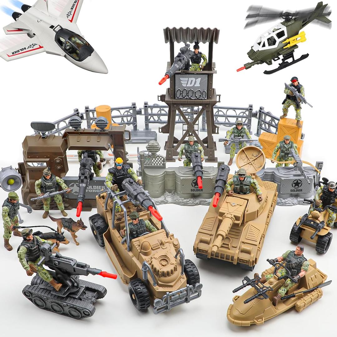 Army Men Action Figures Playset - 70+ PCS Realistic Army Toys - Military Soldiers Action Figures Playset with Helicopter, Fighter, Drones, Tank, &Accessories- Birthday, for Boys