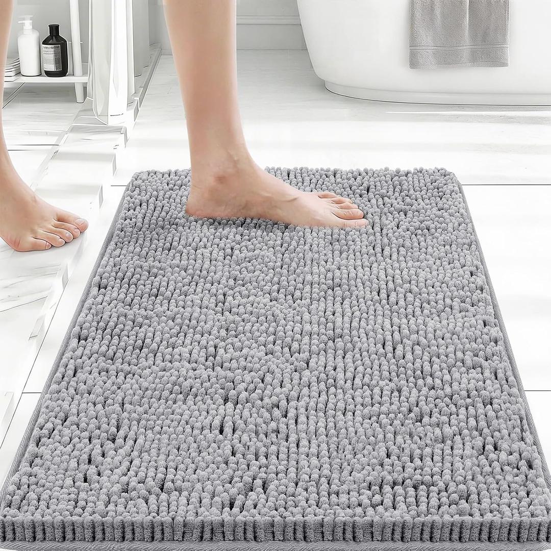 Bcoimo 24x17 Chenille Bath Mat  Non-Slip with Backing Bath Rug Ultra-Absorbent and Machine Washable Bathroom Mat Quick-Dry Design. Ideal for Bathroom Shower and Tub Areas (Grey)