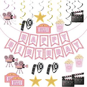 Movie Night Supplies Pink Movie Birthday Banner Movie Night Decorations Popcorn Camera Movie Theater Decorations Movie Theme Hanging Swirl for Girls Baby Shower Birthday Party Film Party