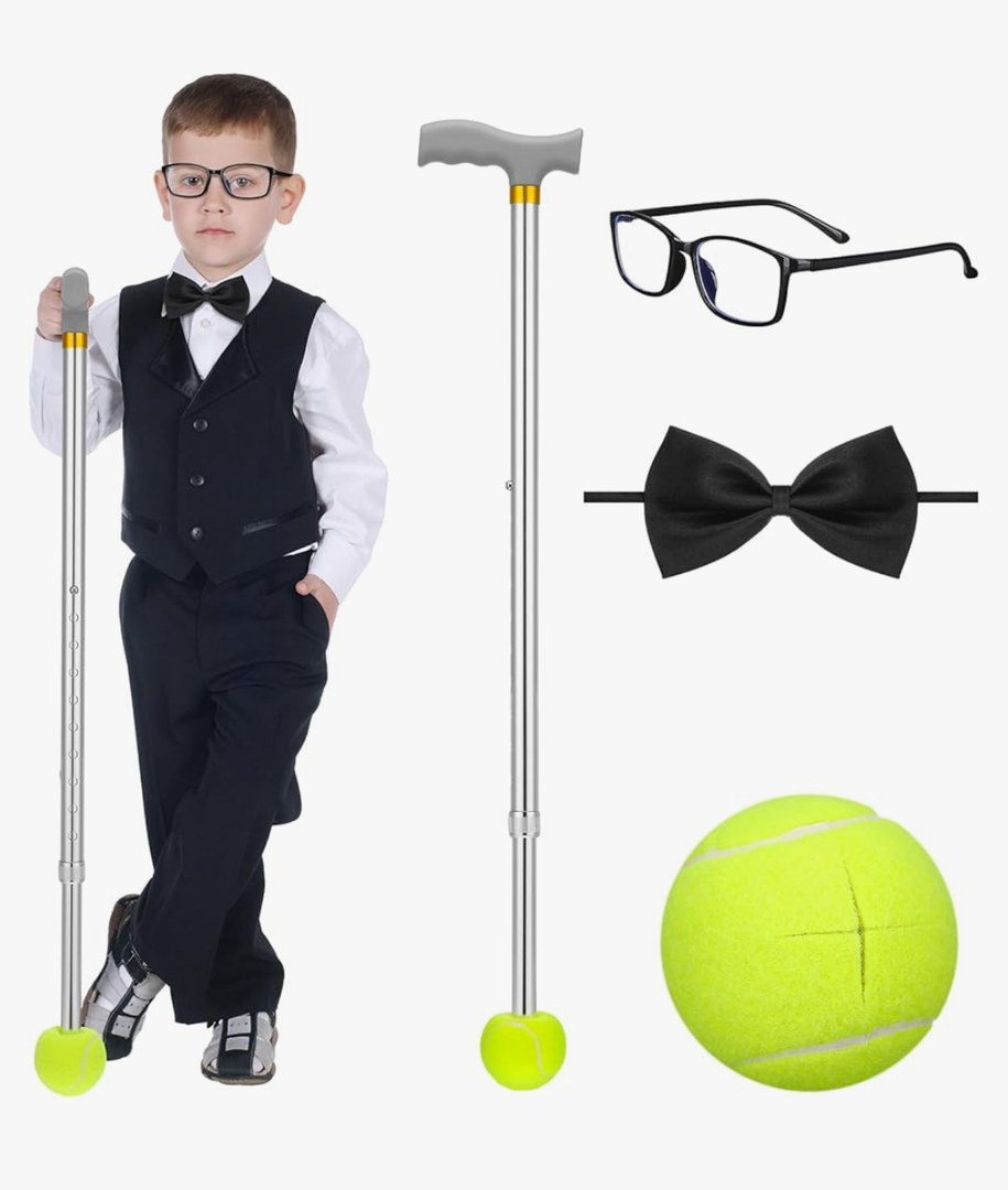 Geiserailie 4 Pcs Halloween Old Man Costumes Accessories Movie Old Pilot Set for Kids Include Telescopic Cane, Tennis Ball Feet, Black Bow Tie and Black Frame Glasses Set for Grandpa Film Cosplay