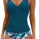 B2prity Halter Tankini Swimsuit for Women Tummy Control Two Piece Bathing Suit V Neck Swimwear with Shorts, Peacock Blue, Large