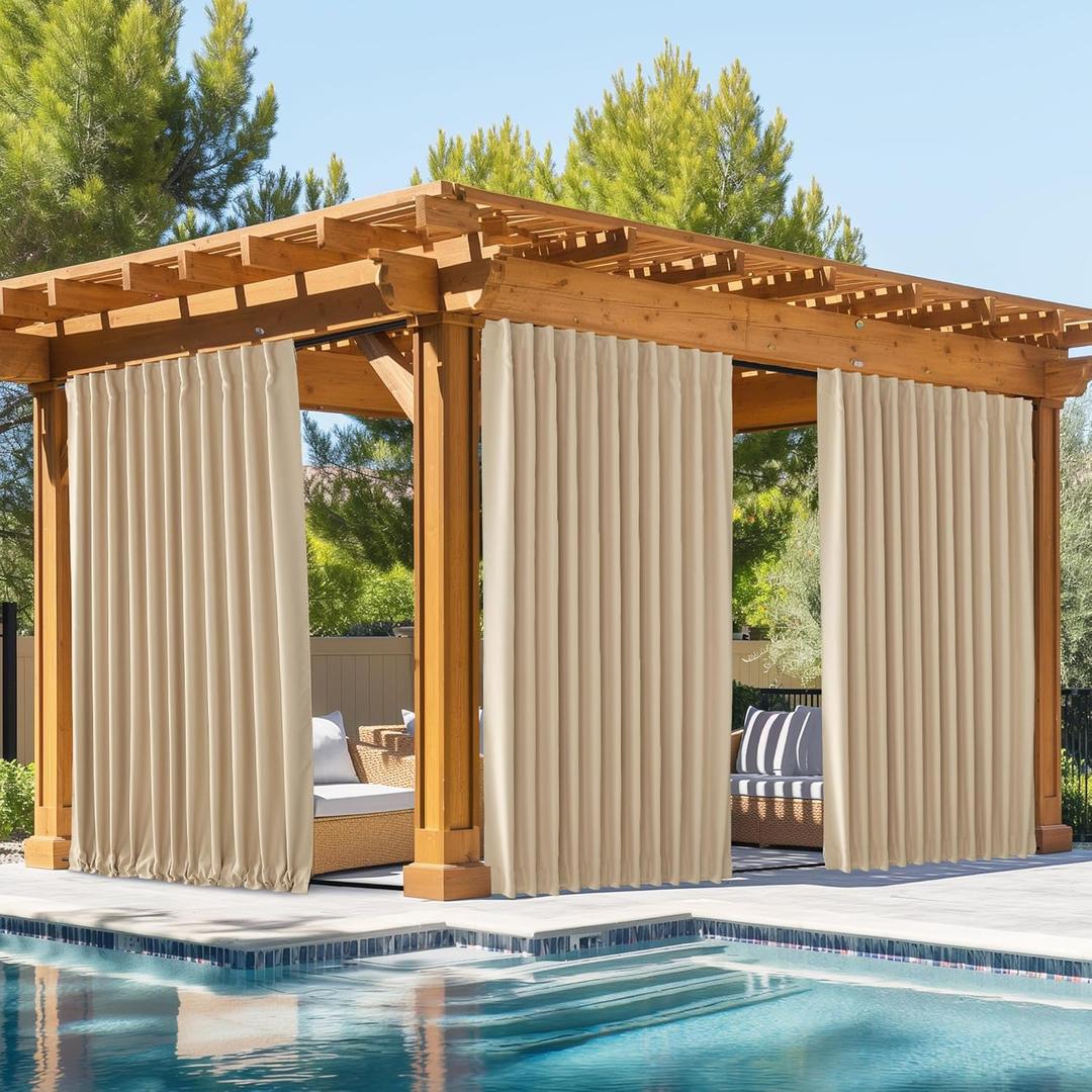 NICETOWN 2 Panels Outdoor Curtains Waterproof Pocket & Back Tab on Top & Bottom, Thermal Insulated Windproof Sun Blocking Outside Privacy Drapes for Patio with Fixed Rope, W84 x L84, Biscotti Beige