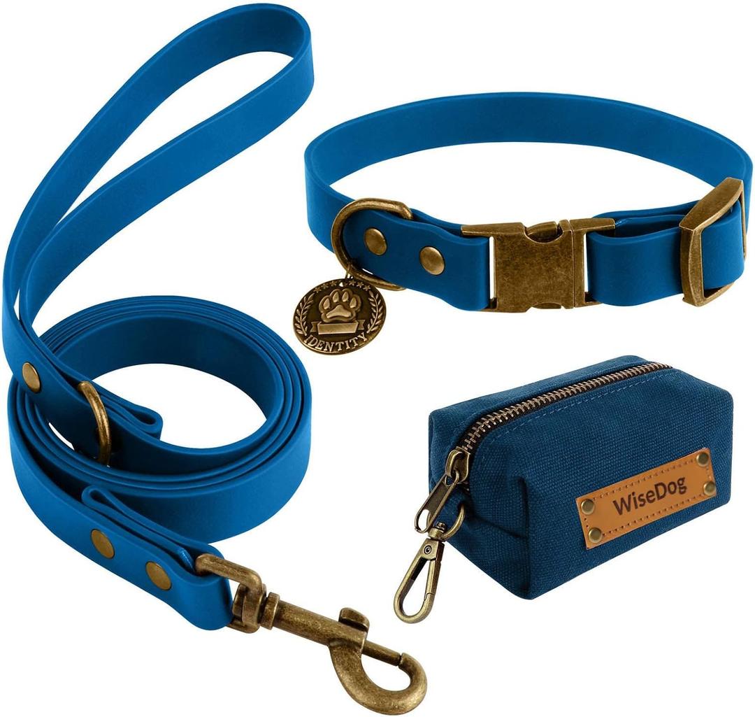 Wisedog Dog Collar and Leash Set Combo, Waterproof Ajustable Pet Collars with Cute Tags 6FT Dog Leash with Poop Bag for Small Medium Large Dogs (M, Blue)