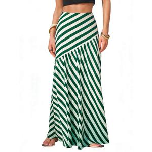 EXLURA Women's Boho Striped Maxi Skirt High Waisted A-Line Summer Beach Long Skirts with Lining Casual Flowy Vacation Outfits Green (XL)