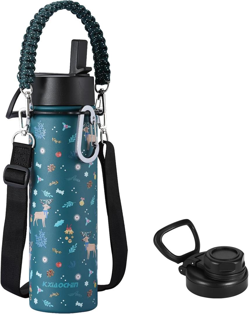 KXIAOCHEN Insulated Water Bottle, Stainless Steel Water Bottle, 2 Lids (Straw and Handle Lid),Wide Mouth Metal Water Bottles Keep Hot and Cold, Double Walled, Thermo Mug, Metal Canteen (Christmas Green)