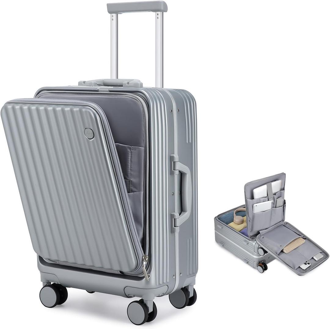 Somago Carry on Luggage Front Open 22x14x9 Airline Approved Lightweight Suitcase with Cup Holder and USB Port Aluminum Frame Polycarbonate Spinner Hard Suitcase with TSA Lock (Silver)