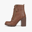 Soda Malia Round Toe Stacked Lug Heel Lace Up Ankle Booties, 7, Cognac Pu