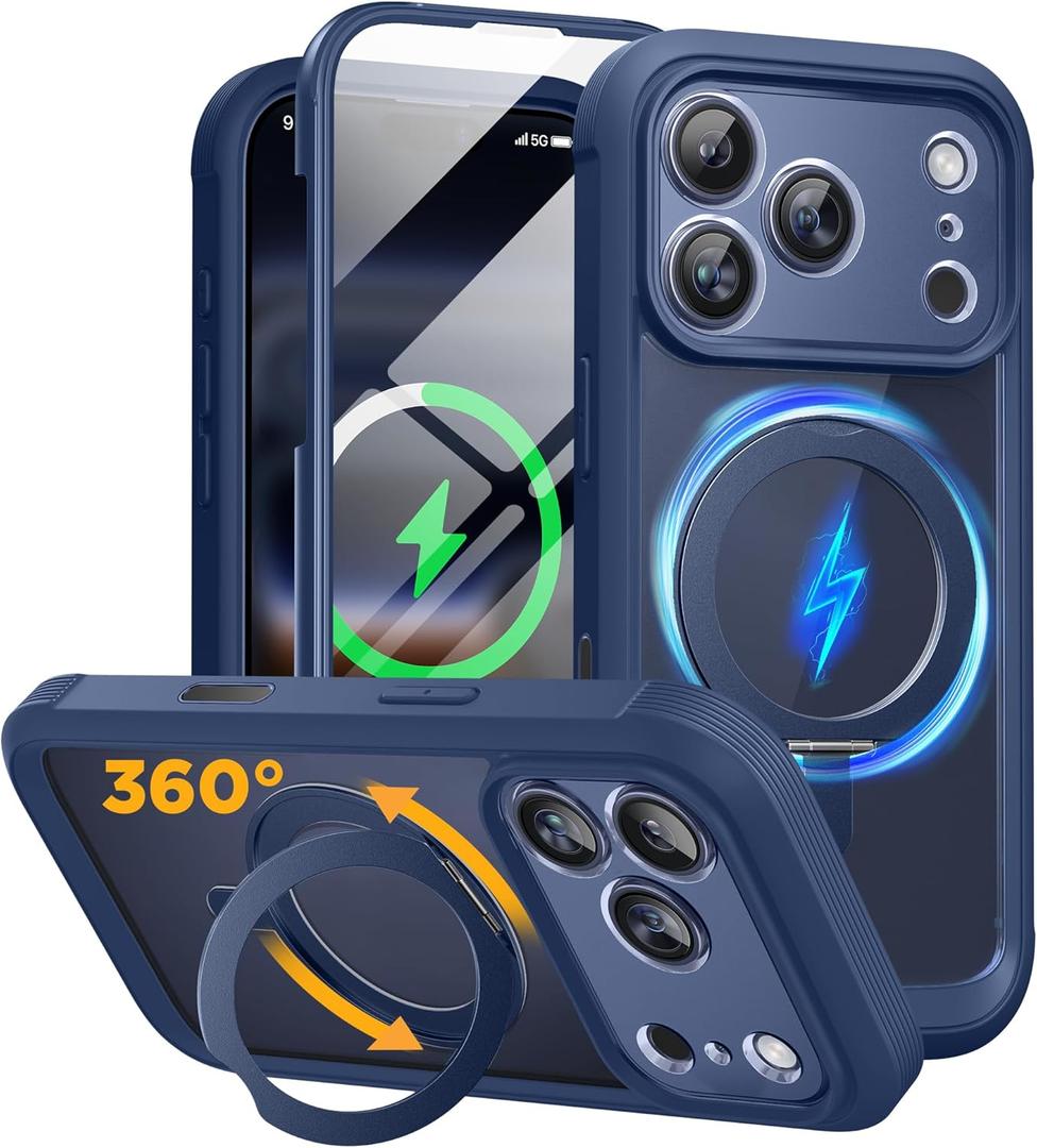 Miracase for iPhone 17 Pro Max Case with 360 Magnetic Ring Stand [Compatible with Magsafe] Full-Body Drop Proof Bumper Phone Case with Built-in 11H Tempered Glass Screen Protector, Blue