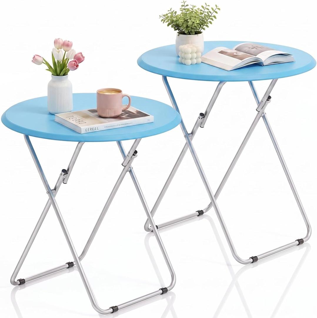 TV Tray Table, Folding TV Trays Set Table on Couch, Round&Blue, 2 PCS