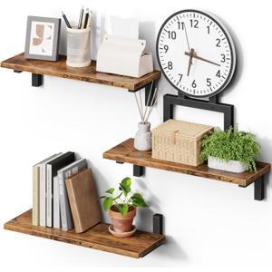 Floating Shelves for Wall, 15" Wall Shelves Set of 3 Wood Floating Shelf for Home Decor, Mounted Display for Living Room, Bedroom, Bathroom, Kitchen (Rustic Brown)