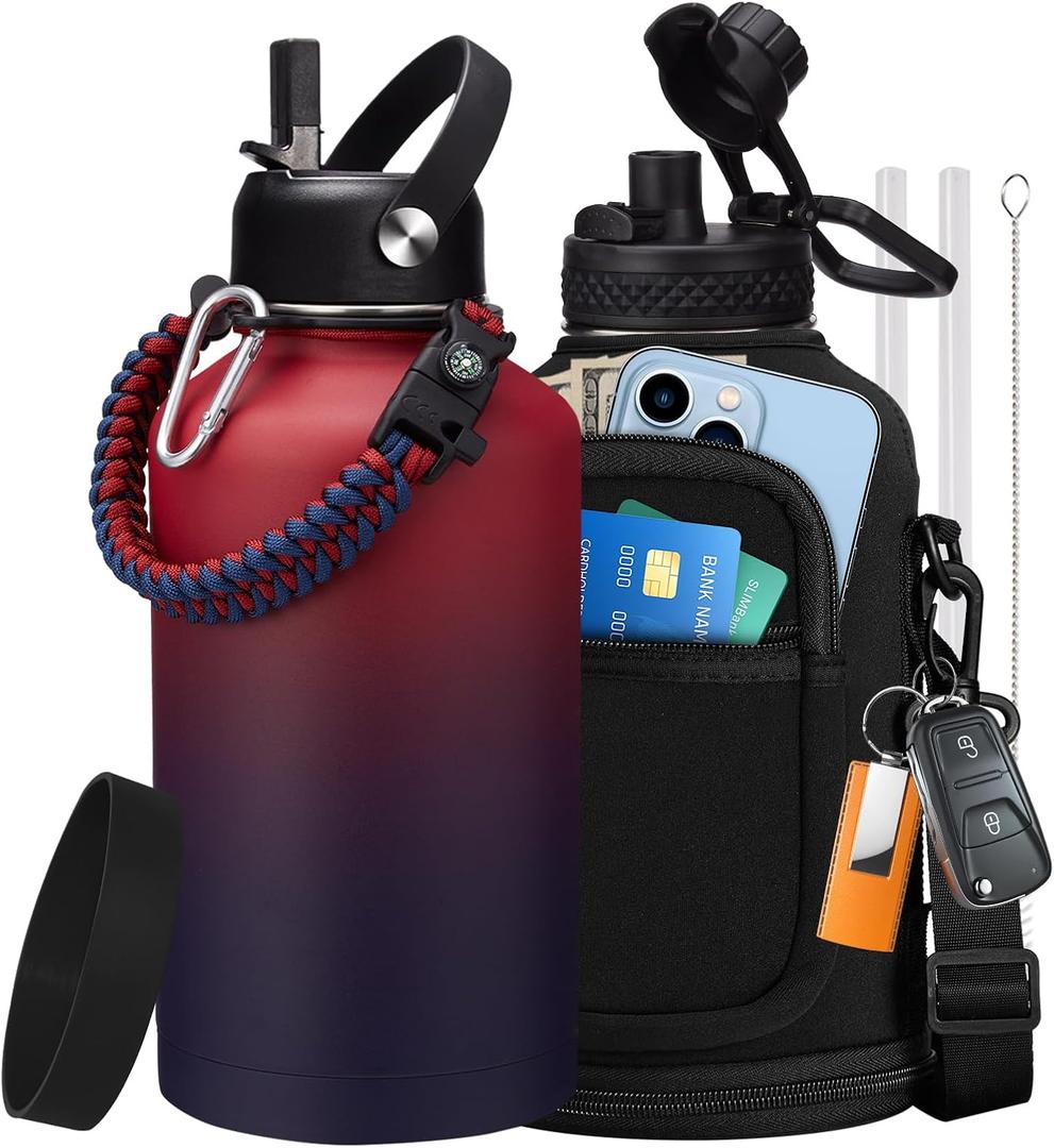Vickniy 64OZ Stainless Steel Water Bottles - Half Gallon Water Bottle with Straw Lids, Reusable Vacuum Insulated Water Jug w/Carrier Bag, Leak Proof Metal Waterbottle for Sports Gym Workout Travel Hiking (Ruby Purple)