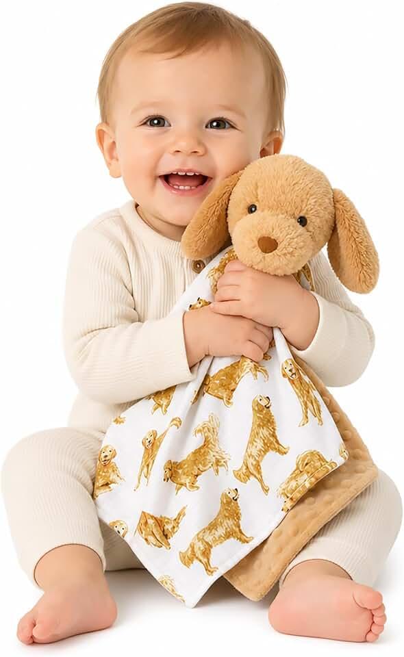 Mud Pie Golden Retriever Woobie Lovey Blanket, Plush Baby Security Blanket with Chime Rattle and Minky Lining