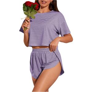 OYOANGLE Womens Pajama Sets 2 Piece Sexy Lounge Sets Summer Cute Pjs Striped Print Tee and Side Split Shorts Set Purple Large
