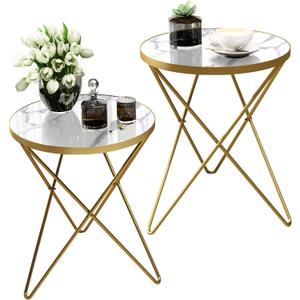 HLR Modern Round Side Table Set of 2, End Table with Marble Effect Top and Gold Metal Frame, Small Side Table for Living Room, Bedroom, Sofa and Couch, Gold Legs, White Marble top, 2-pack