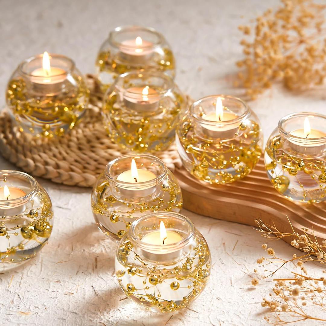 Reallnaive 8 Pcs Floating Candle Holders with 8 Pcs Bright Pearl String Beads, Glass Clear Votive Tealight Bowl Holder for Wedding Dinning Room Party Tables Centerpiece Decor (Gold)