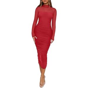 REORIA Women's Fall Mesh Sheer Long Sleeve Midi Ruched Bodycon Dress Mock Neck Elegant Evening Party Cocktail Dresses, M