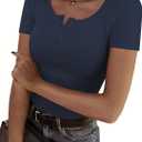 GKBK Women's 2026 Summer Short Sleeve Tops Ribbed Henley Button Up Slim Fit Basic Casual T Shirts Blouse Dark Blue M (M)