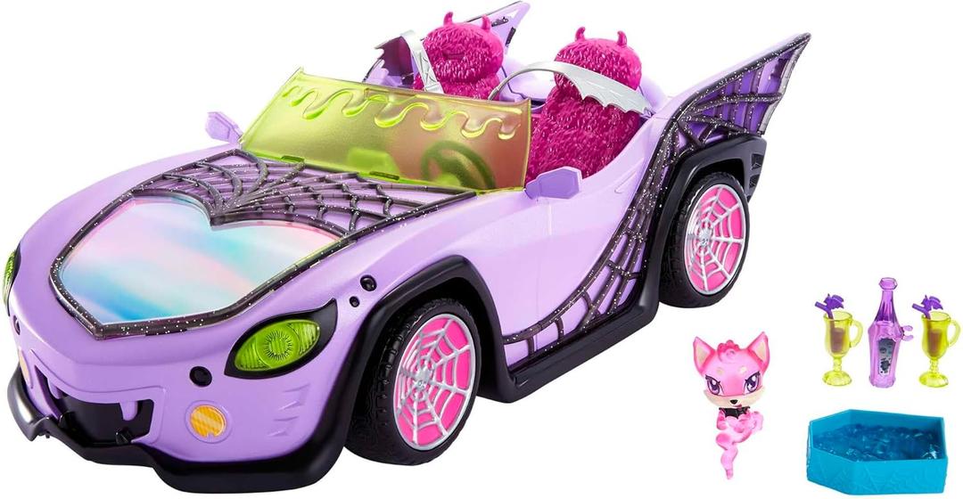 Monster High Toy Car, Ghoul Mobile with Pet and Cooler Accessories, Purple Convertible with Spiderweb Details
