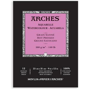Arches Aquarelle Watercolor Pad, Hot Pressed, 140lb/300gsm, 12 Sheet, 9x12 inch, Arches Watercolor Paper 100% Cotton