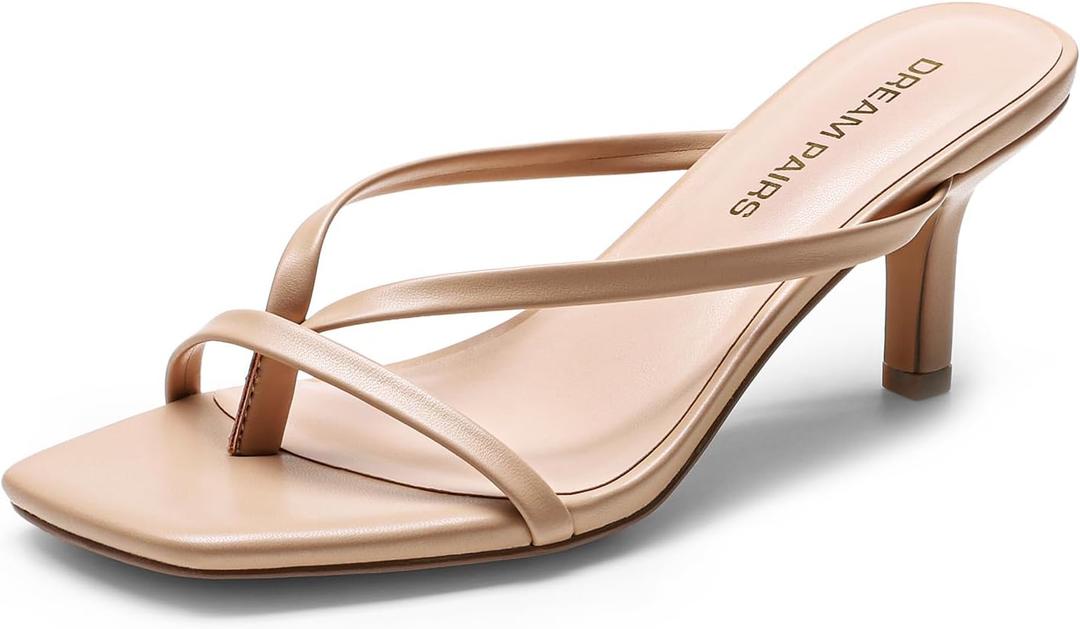 DREAM PAIRS Heels for Women Flip Flops Kitten Low Heels Open Square Toe Thong Heeled Sandals, Fashion Comfort Shoes for Party Casual Slides (9, Nude)