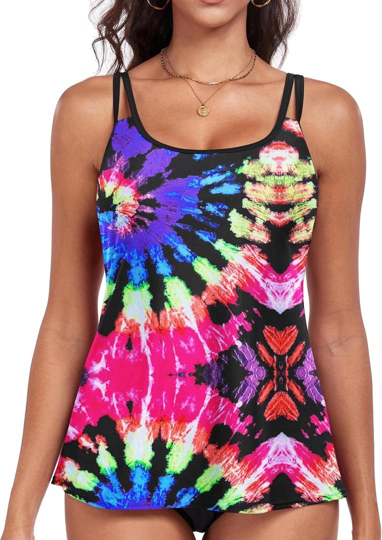Women's Flowy Tankini Tops Only - Modest Bathing Suit Loose Fit Plus Size Swimsuit Swim Tops for Women 2025 (No Bottom) (Rainbow), Size 20W