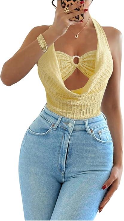 Milumia Women's Draped Neck Halter Bodysuit Cut Out Textured Tie Backless Going Out Leotard Tops  XL