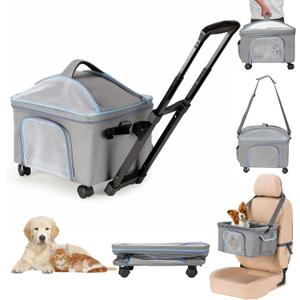 Pet Carrier for Small Dog Cat, Cat Dog Carrier with Wheels Soft Sided Dog Rolling Crate Cat Travel Bag up to 20 Lbs Pet Strollers for Small Pets (Grey)