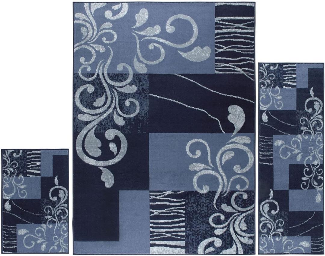 Home Dynamix Ariana Galil Area Rug 3 Piece Set (4'11" x6'11,1'8 x4'11,1'8 x2'8), Geometric Blue (3 Piece Set, Blue/Dark Blue Swirl)