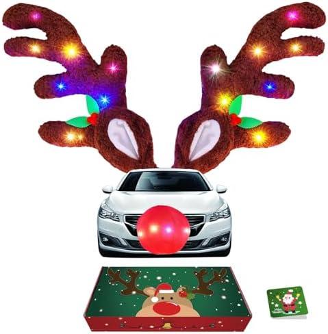 IC ICLOVER Reindeer Antlers for Cars with LED Lights, Car Reindeer Antlers & Red Nose, Glowing LED Reindeers Costume Kit, Car Christmas Decorations Xmas Gifts for Most Vehicles SUV MPV Van Truck