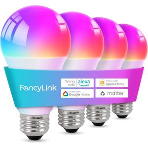 Matter Smart Light Bulbs, Color Changing Light Bulb, hub Required, A19 60W,2.4Ghz WiFi only,Compatible with Alexa Google Assistant, Apple Home,16 Million Colors RGBCW 800 Lumens,4 Packs