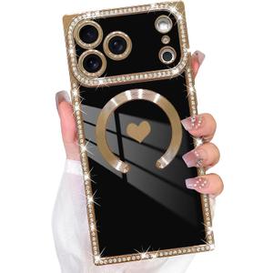 Bonoma Magnetic Case for iPhone 17 Pro Max,Cute Black Love Hearts Design | [Compatible with MagSafe]Luxury Rhinestone Camera Protection,Sparkly Slim Soft Back Cover for Women Girls