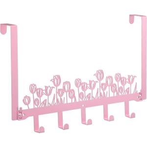 Pink Tulip Over The Door Hooks Wall Mount Towel Hanger Cute Door Holder Rack with 5 Hooks Hanging Towel, Coat Keys, Bags, Hats, Clothes for Bedroom Bathroom Kitchen Dorm Room Organizer