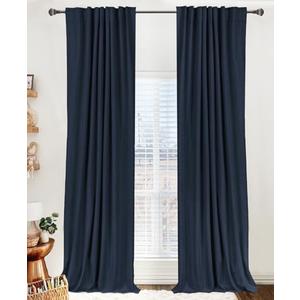 100% Blackout Shield Linen Blackout Curtains for Bedroom 108 Inches Long, Back Tab/ Rod Pocket Living Room Drapes, Thermal Insulated Blackout Curtains 2 Panels Set, 50" W x 108" L, Navy