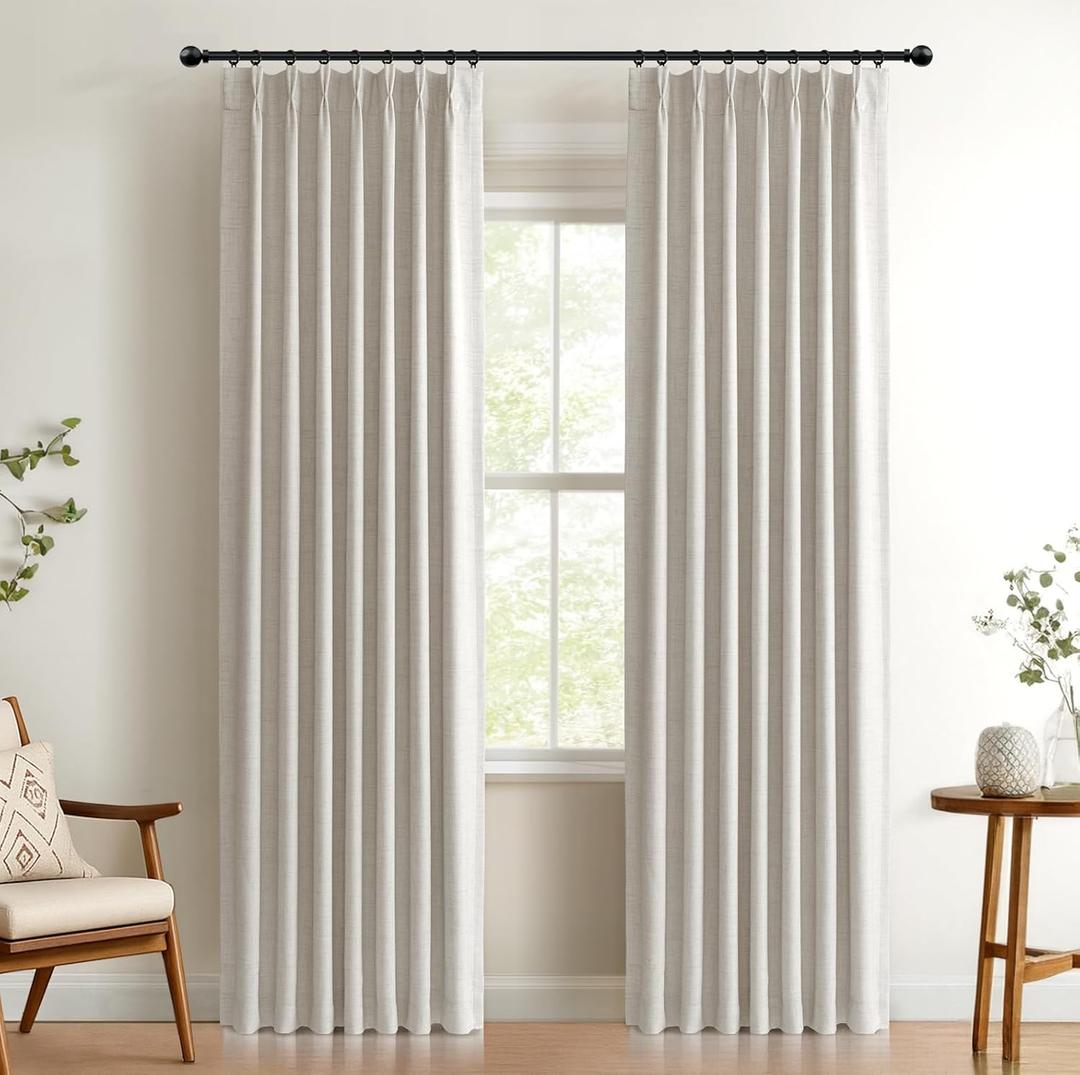 100% Blackout Shield Linen Look Textured Pinch Pleated Curtains Blackout Drapes 108 Inch Long 2 Panels Set, Faux Linen Blackout Curtains for Bedroom & Living Room, 40" W x 108" L, Beige