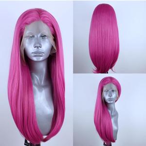 ELESTY Pink Synthetic Lace Front Wig Long Straight Pre Plucked Natural Hairline Synthetic Hair Wig Hot Pink Glueless Heat Resistant Fiber Hair Wig for Fashion Women