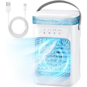 Portable Air Conditioner, Personal Evaporative Cooler with 3-Speed Cooling Fan, 1L Water Tank, 2-Mist Humidifier, 7-Color LED Light, for Room, Bedroom, Office (White)