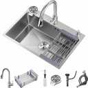 Stainless Steel Kitchen Sink with Faucet, Single Bowl Top Mount/Drop-In 3 Hole Single Bowl Workstation Sink with Cup Washer, Soap Dispenser, Drainage kit for Bar, Kitchen, Balcony (33 * 19in)