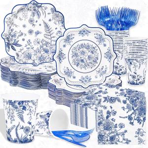400Pcs Blue & White Floral Party Supplies 7" 9 Inch Disposable Elegant Paper Plates With Scalloped Rims Napkin Cups Chinoiserie Vintage Flower Tableware Set for Wedding Engagement Baby Shower