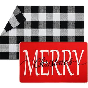 Geelin 2 Pcs Christmas Door Mat Outdoor Merry Christmas Front Door Mats Buffalo Checkered Rug (30'' x 18'' and 43'' x 27.5'') for Home Entrance Indoor Outdoor Decorative Coir Rugs