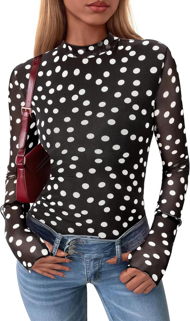 PRETTYGARDEN Women's Long Sleeve Going Out Tops 2026 Spring Y2K Clothes Mesh Floral Fitted Shirts Date Night Outfit (M)