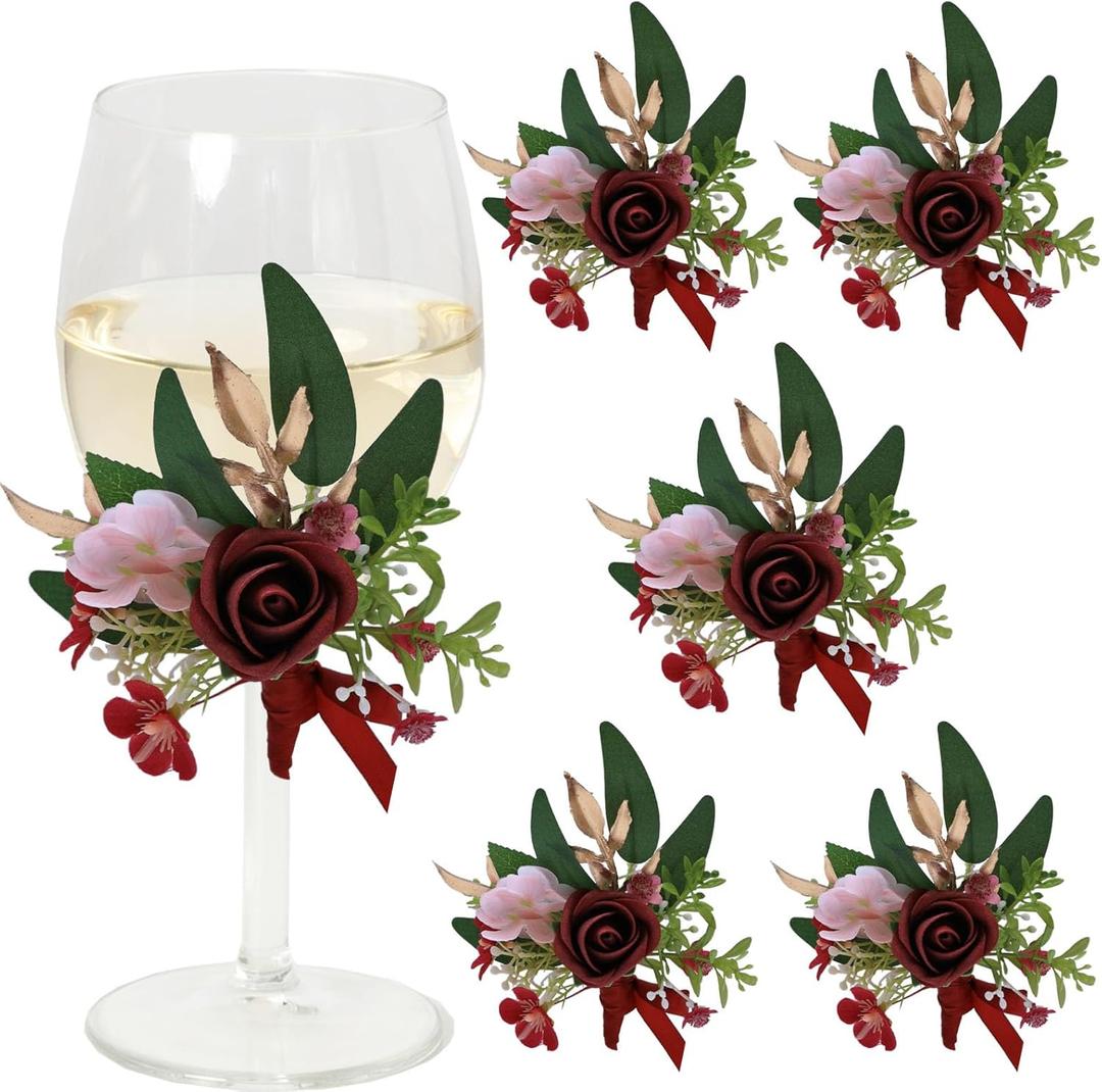 CherishedMoments 6Pcs Wine Cup Flower Set, Dining Tables, Plates DecorationsBurgundy Red Artificial Flowers Wine Cup for Wedding Ceremony Anniversary, Wedding Home Decor (Wine Red)