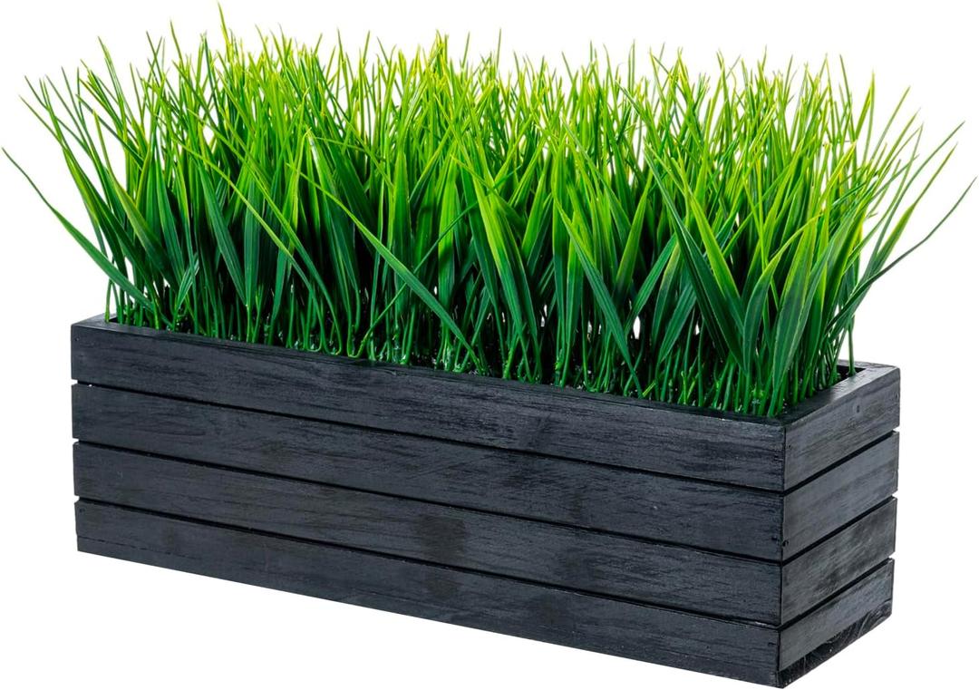 MyGift 14 Inch Artificial Green Grass Plant in Vintage Black Wood Planter Window Box, Faux Greenery in Decorative Rectangular Crate Style Wooden Container