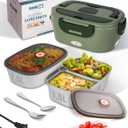 Heated Lunch Box, 80W Electric Lunch Box with Two 1.5L Stainless Steel Interchangeable Containers and Lids, 12V/24V/110V Food Warmer with Utensils and Insulated Bag for Car/Truck/Office (Green)
