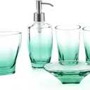 Bathroom Accessory Set Green Teal, Lead-Free Glass 5-Piece Bath Ensemble Gift Includes Soap Dispenser,Toothbrush Holder, Tumbler, Soap Dish for Home, Office, Superior Hotel