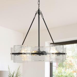 Black Farmhouse Chandeliers for Dining Room: 22" Drum Glass Kitchen Chandelier Over Table - Modern Luxury Crystal Hanging Light Fixtures - Vintage Large Pendant Lights for Living Room Hallway Bedroom