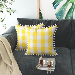 Throw Pillow Covers Cotton Buffalo Gingham Check Plaid Decorative Pillow Cases with Pom Poms Retro Farmhouse Set of 2 Cushion Case Square Pillowcase for Sofa Couch Car 14" x 14" Yellow White