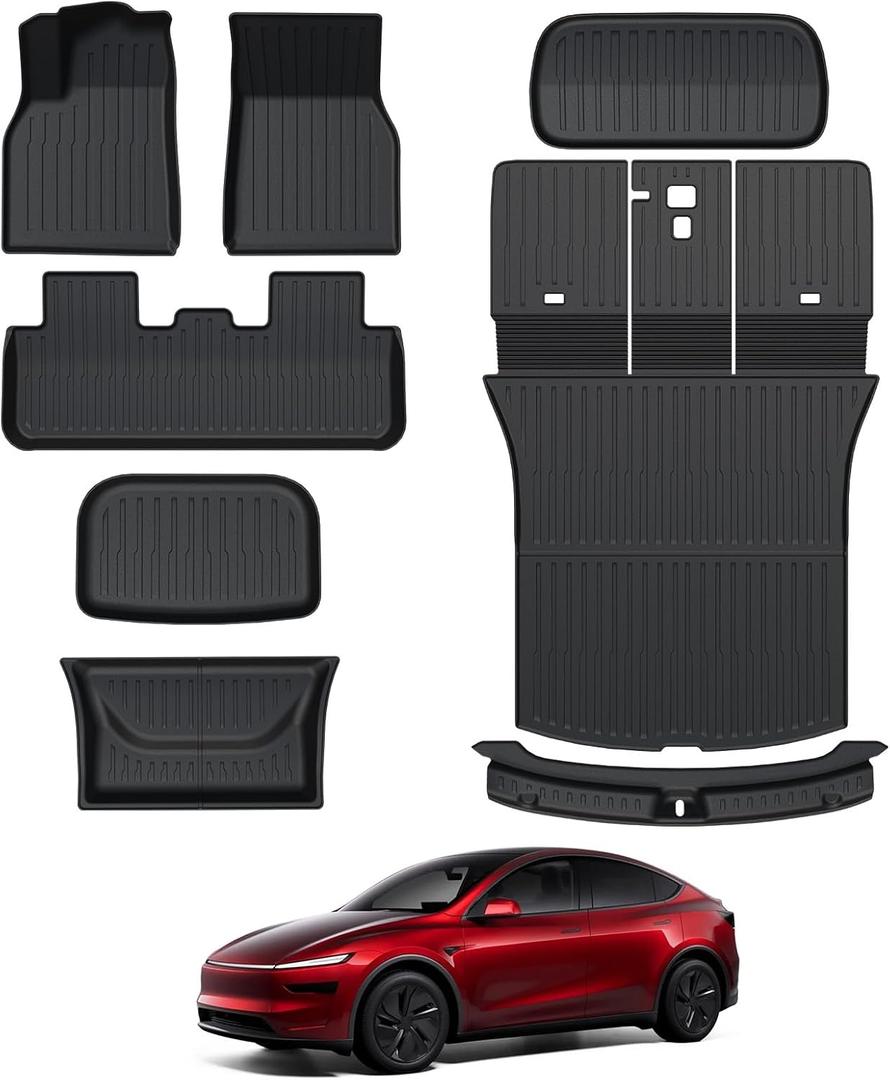 Floor Mats for 2025 2026 Tesla Model Y Juniper, 8PCS All Weather Full Set Cargo Liners Accessories, 3D TPE Odorless Floor Mat Trunk Frunk Rear Mats for 5-Seater(Not Fit 7Seat and Standard)