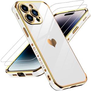 LeYi for iPhone 14 Pro Max Case: with Tempered Glass Screen Protector [2 Pcs]+ Full Camera Lens Protection,Love Heart Plating Women Cute Luxury Soft TPU Shockproof Case for 14 Pro Max,White