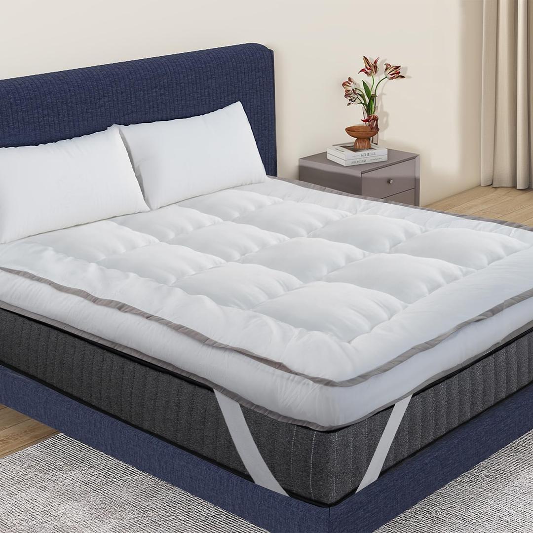 QUEEN ROSE Mattress Topper Queen, Extra Thick Pillow-Top Mattress Pad Bed Covers, Plush Soft Support, 3D Snow Down Alternative, Cooling Cloud-Like Sleep, Back Pain Relief