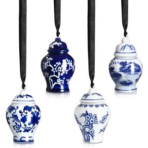 4 Pcs Christmas Chinoiserie Ornaments Mini Ginger Jar Ornaments Blue and White Christmas Hanging Decor Chinoiserie Porcelain Vintage Decorations Xmas Tree Hanging Pendants